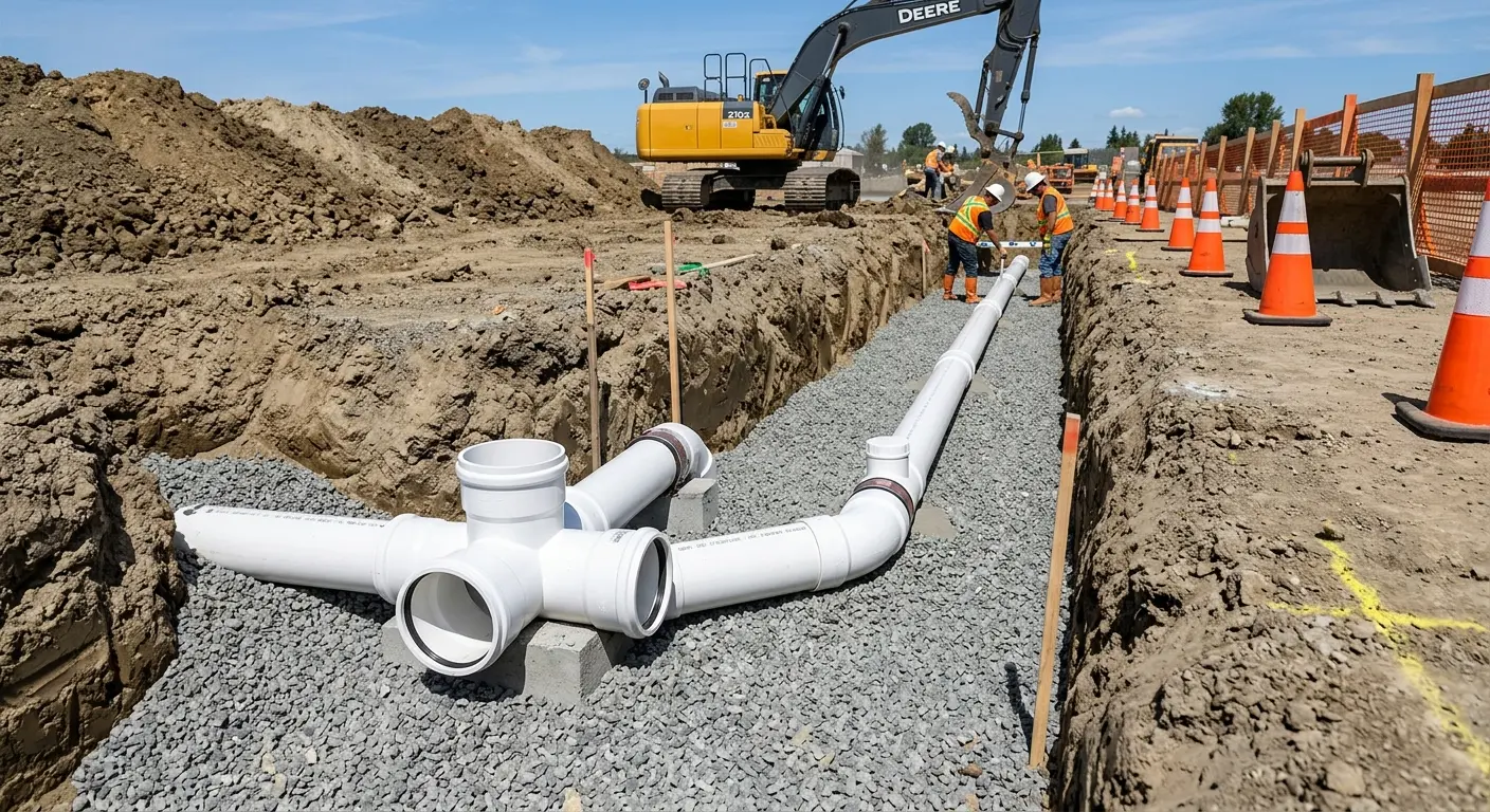 New PVC sewer pipe installation in open trench for Sewer Backup in Balch Springs