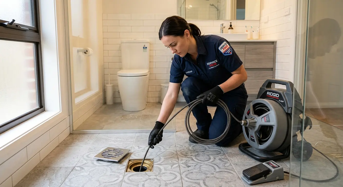 Technician clearing a bathroom floor drain for Drain Cleaning in Balch Springs